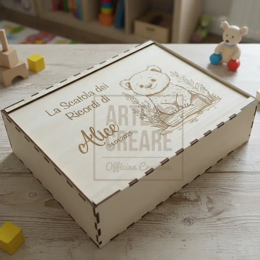 Scatola Dei Ricordi Artigianale In Legno Naturale Grafica Orsetto 1