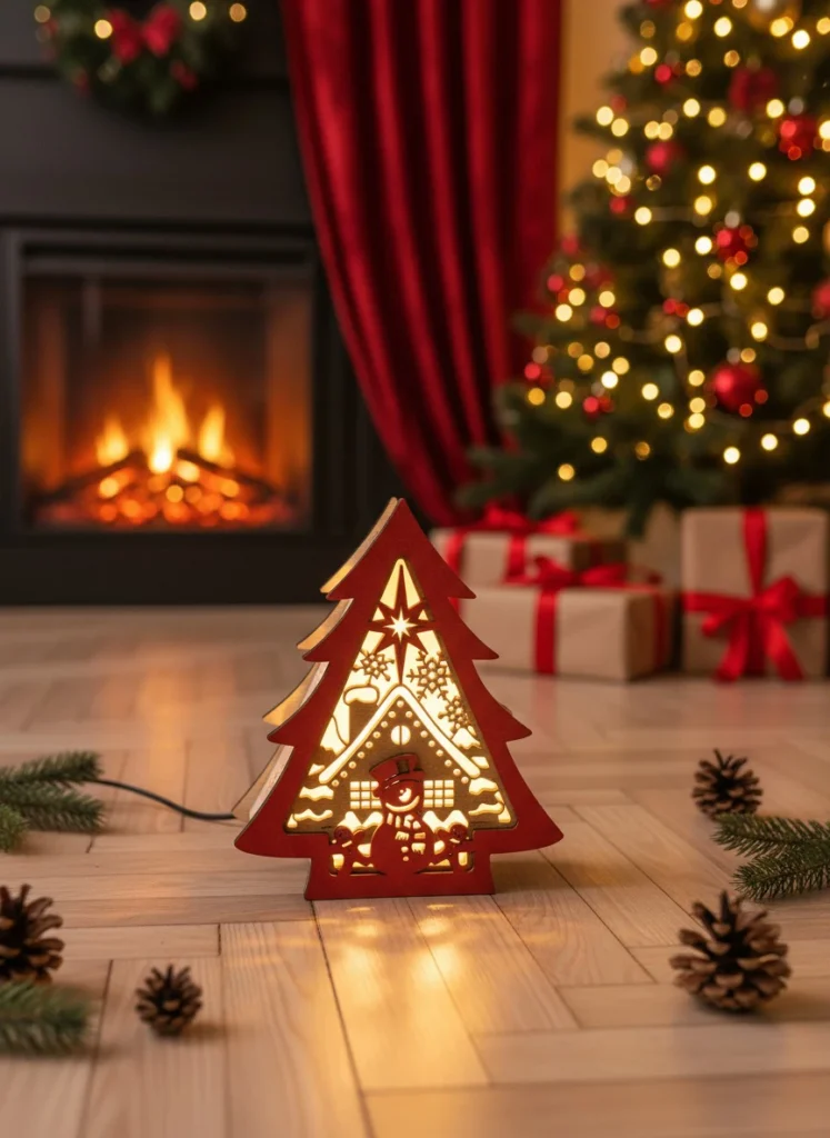 Lampade Natalizie Artigianali: 7 Motivi Per Scegliere le Migliori Decorazioni in Legno 1 Decorazione Natalizia Artigianale Lampada Legno Albero Rosso Casetta Natale
