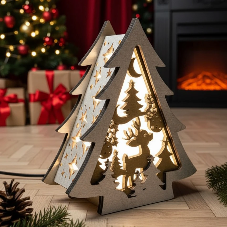Lampada Albero Di Natale Mini In Legno – Decorazione Luminosa Per Le Feste Grafica A