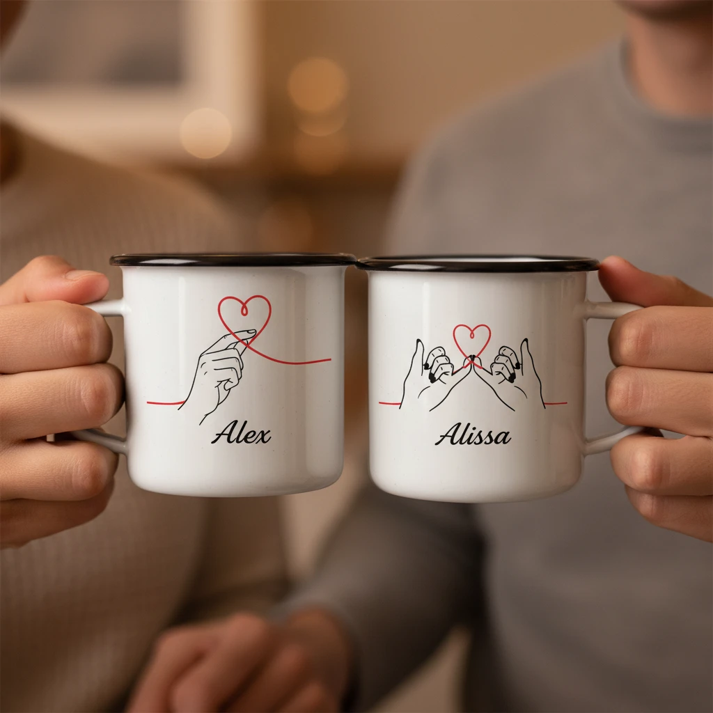 Immagine Lifestyle Romantica Di San Valentino Con Coppia Che Tiene Tazze In Ceramica Personalizzate Con Nomi Alex E Alissa, Formato Quadrato