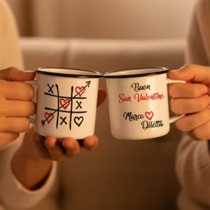 Romantic Valentine's Day Lifestyle Image With Couple Holding Personalized Ceramic Mugs, Tris San Valentino